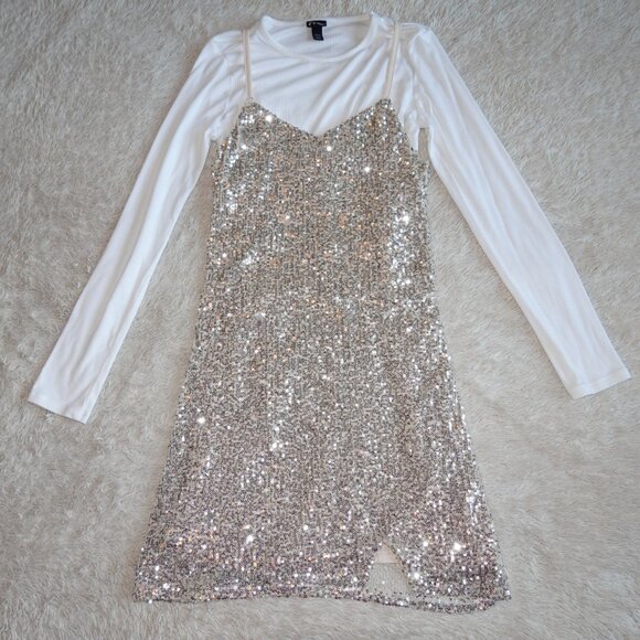 Girls Size 10/12 Art Class Sequin Sparkle Neutral Cream Beige Dress with Shirt - Picture 2 of 4